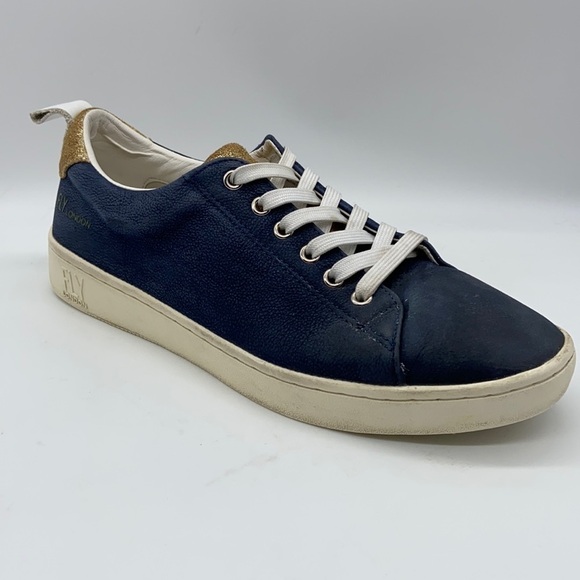Fly London Maco Blue Suede & Gold Glitter Low Top Sneakers - fits like an 8.5-9 - Picture 1 of 8